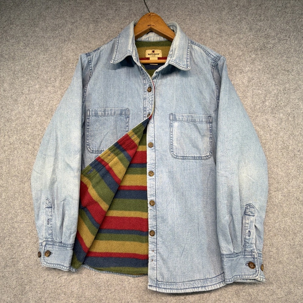 Woolrich Denim Shirt Womens M Cotton Plaid Button Front Aztec Fleece Lined